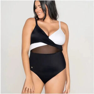 Leonisa Cross-Front Contrast Graphic One-Piece Slimming Swimsuit Black NWOT XL‎
